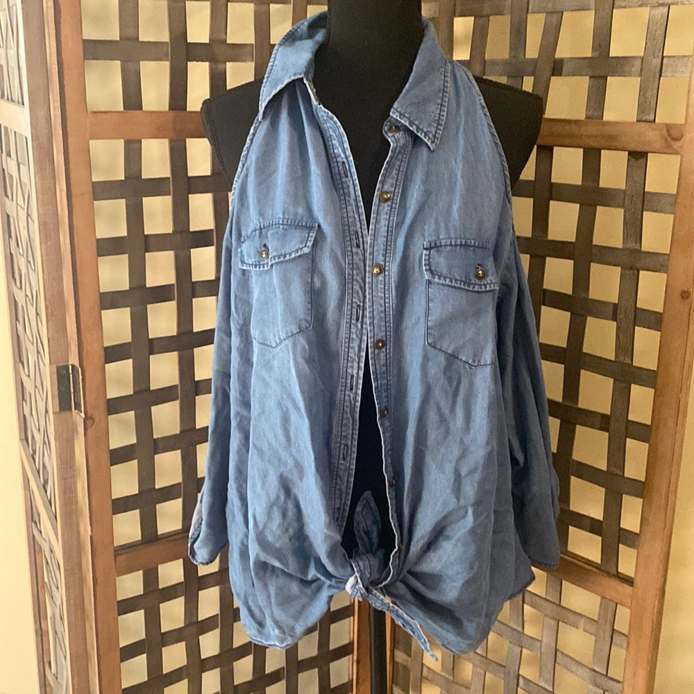 NWT Denim Button Up Cold Shoulder Top